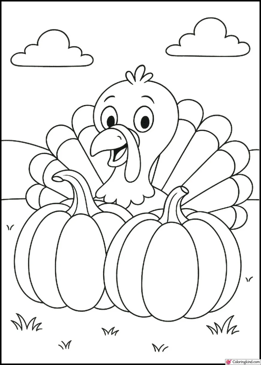 Cartoon Turkey Hiding Behind Pumpkins