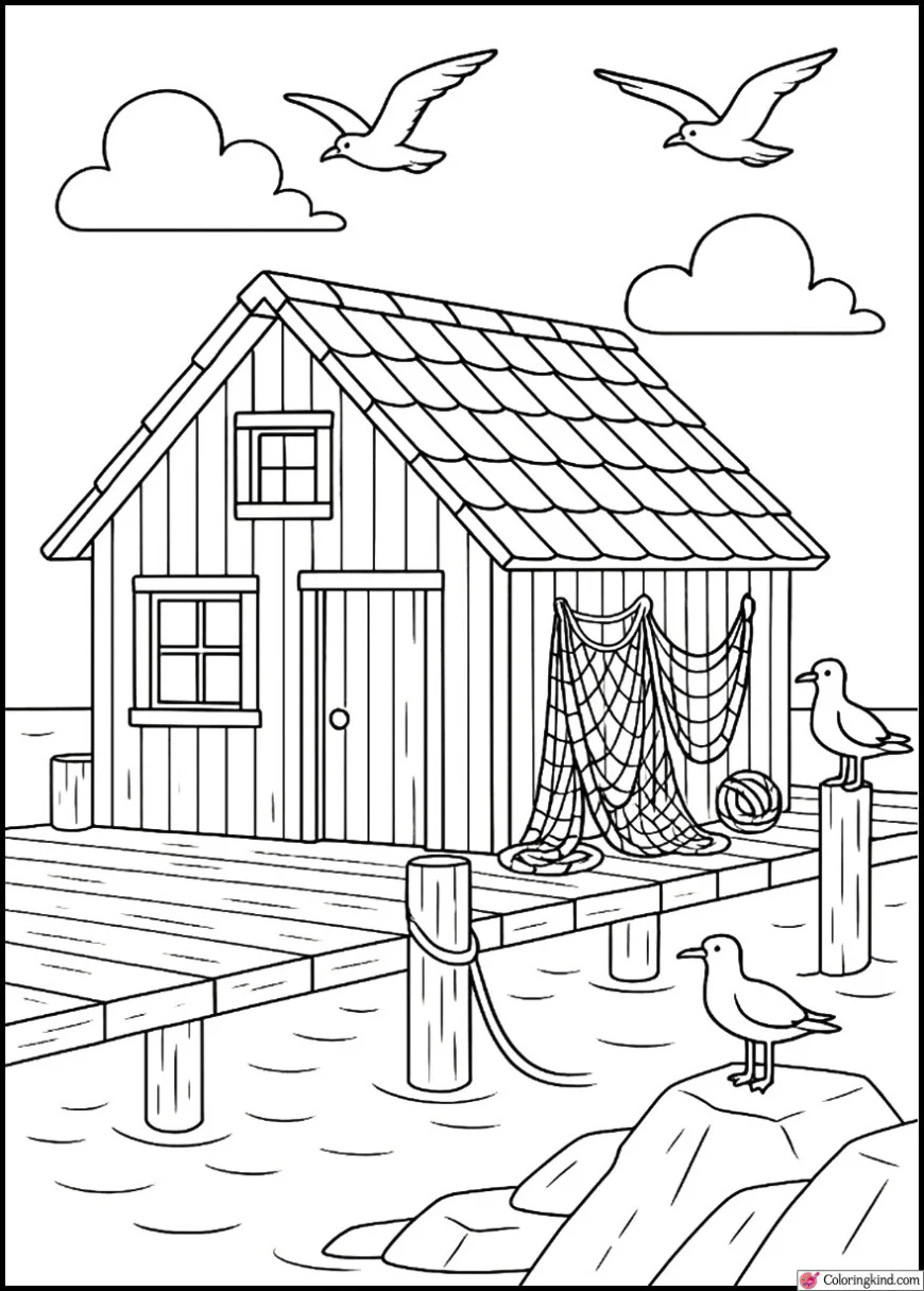 Fisherman’s Boathouse with Nets and Seagulls
