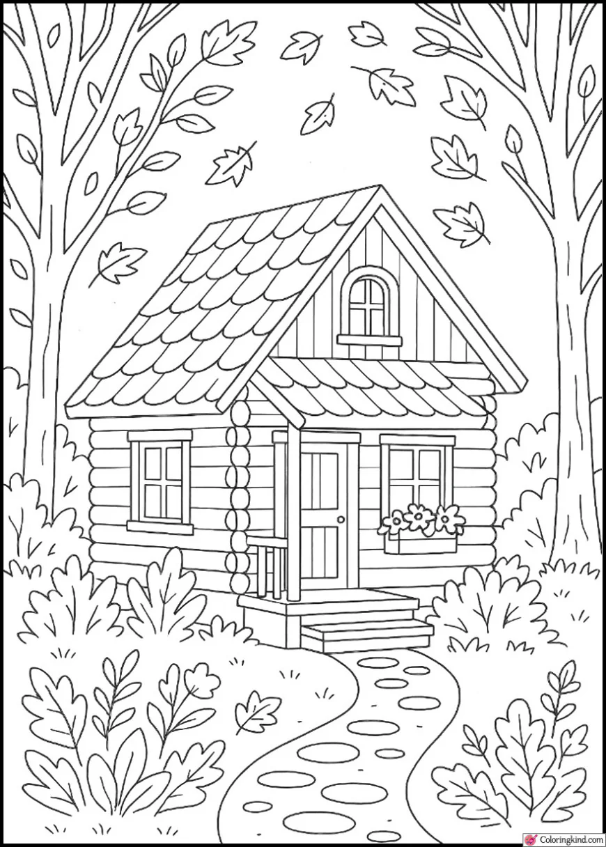 Autumn Cabin with Falling Leaves