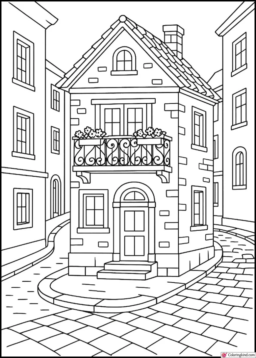 Old European Street with Balconied House