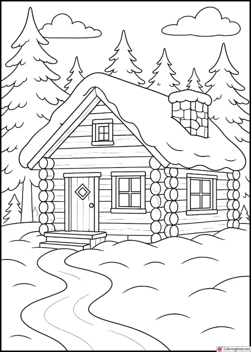 Wooden Cabin in Snowy Forest