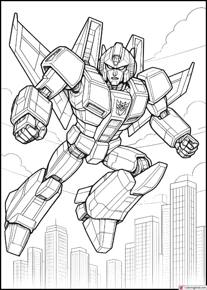 Starscream in Mid-Air Transformation Over City Skyscrapers