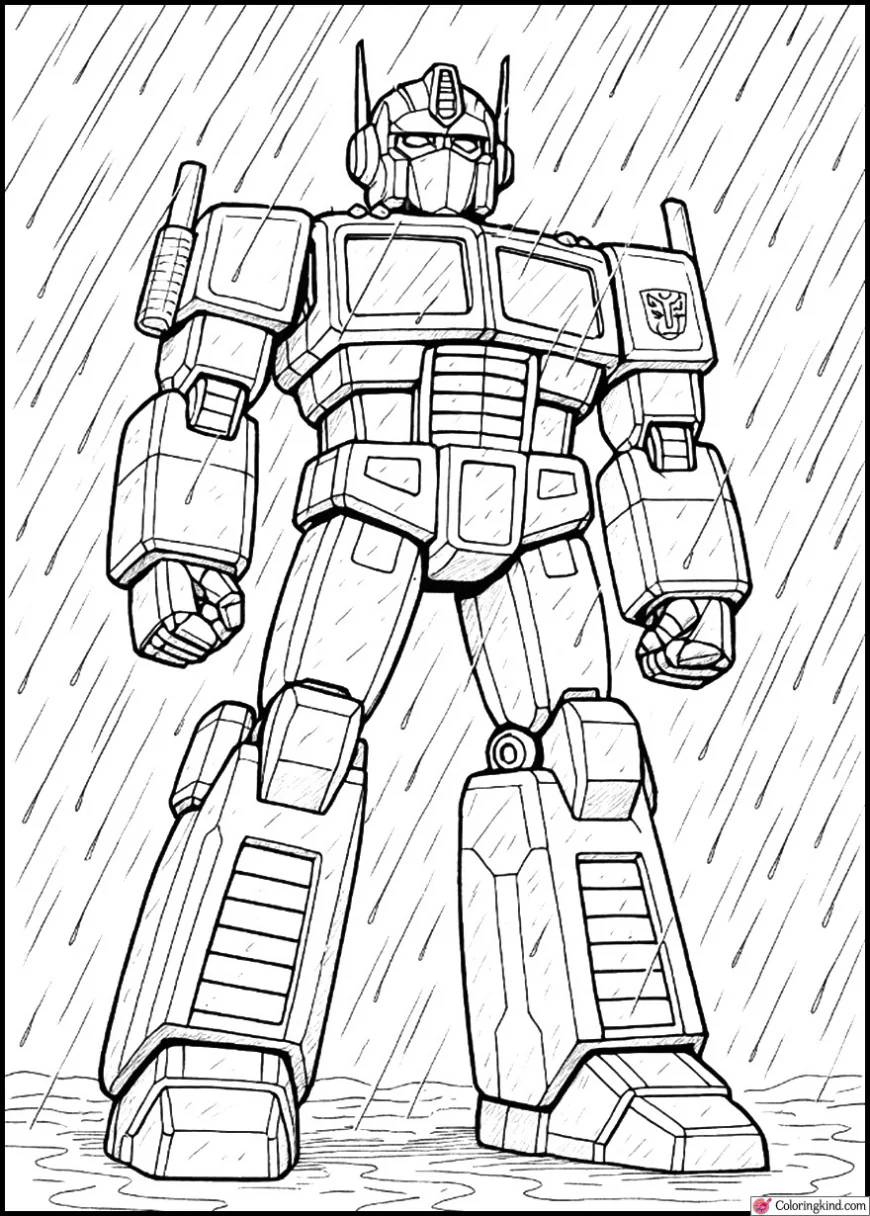 Optimus Prime Standing Heroically in Rainstorm