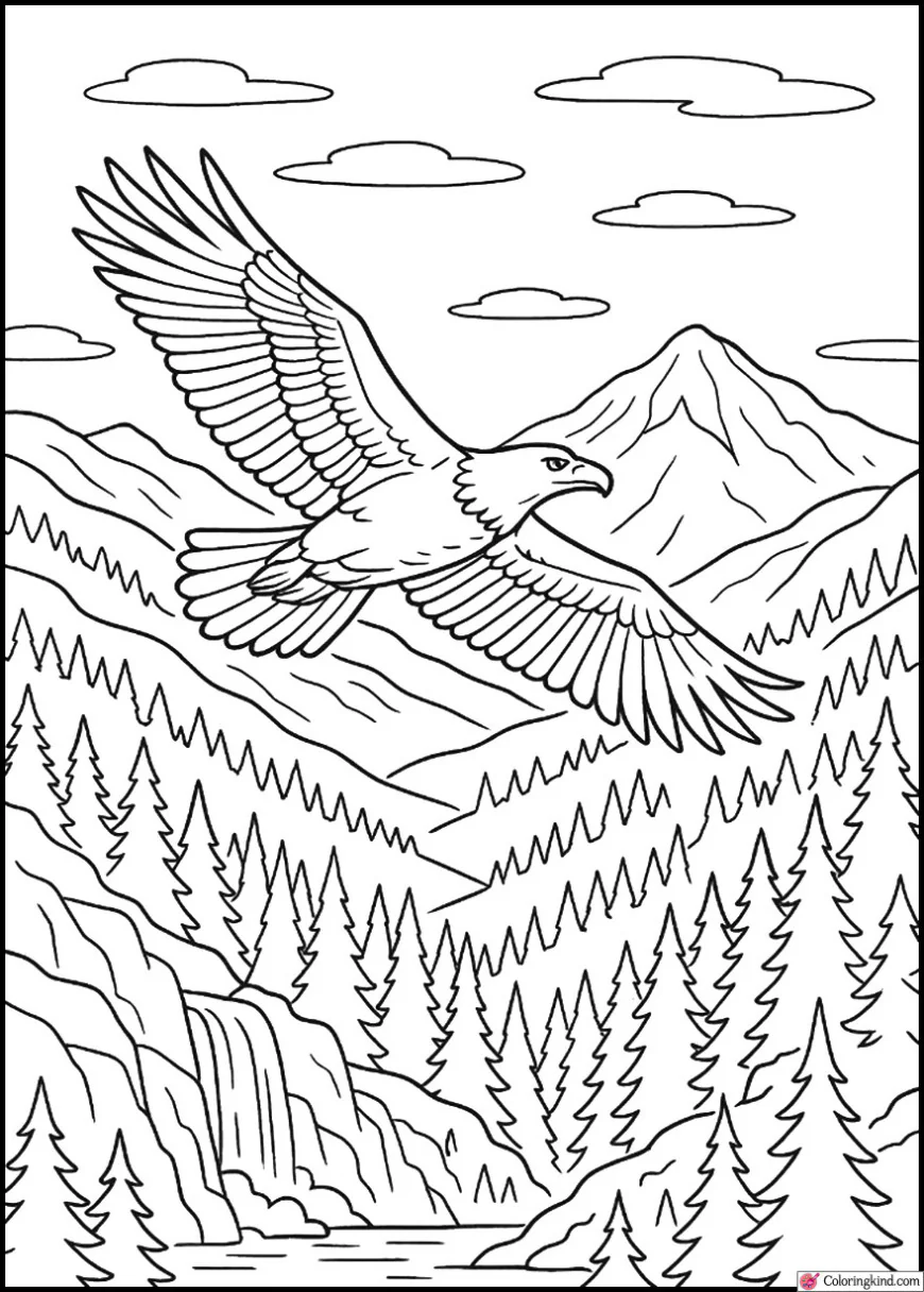 Eagle Soaring Above Pine Forest Valleys