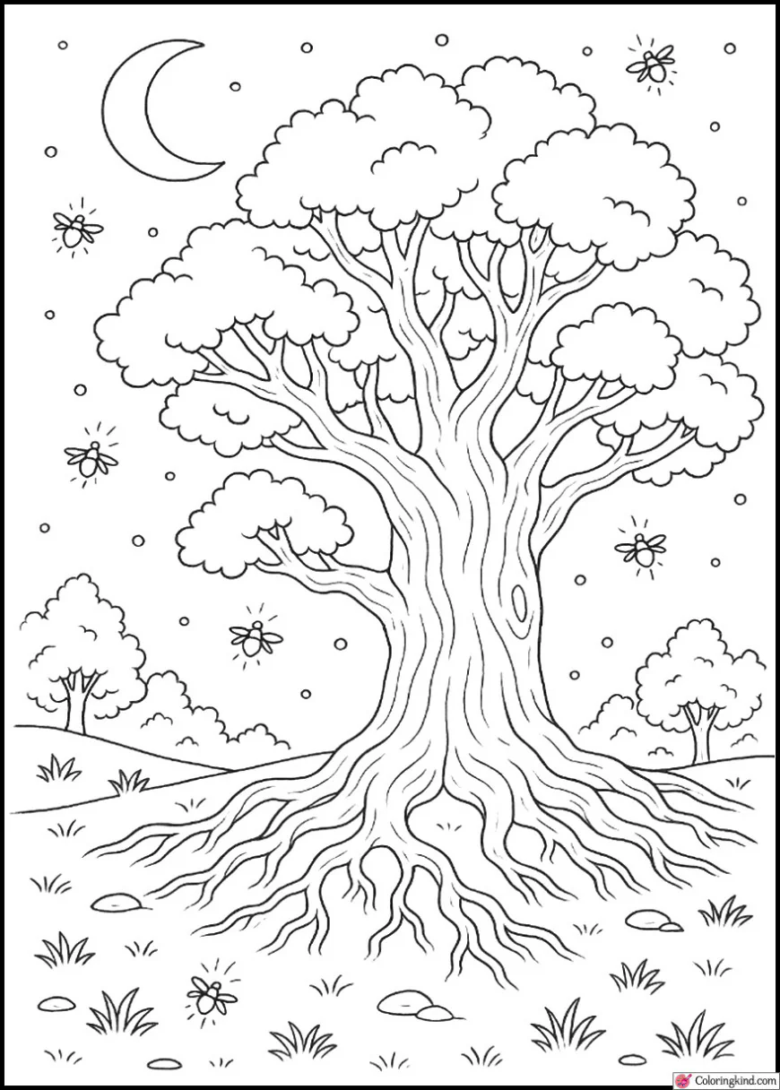 Old Oak Tree Surrounded by Fireflies