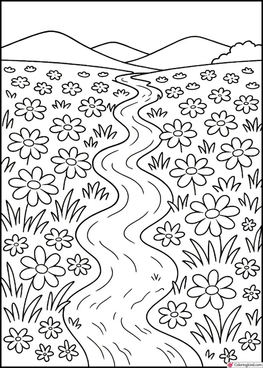 Peaceful Stream Through Flower Fields