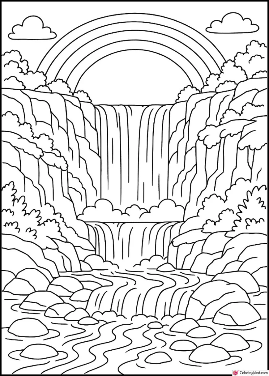 Rainbow Over Cascading Waterfall