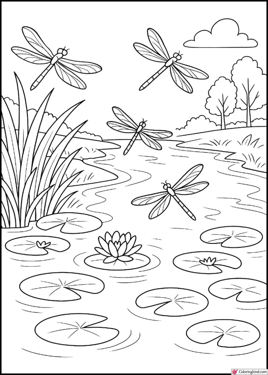 Riverbank with Lily Pads and Dragonflies