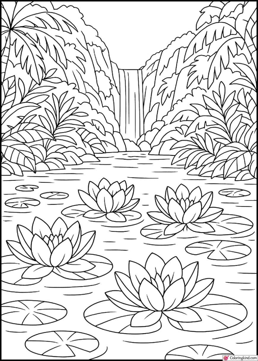 Tranquil Pond and Lotus Flowers with Waterfall