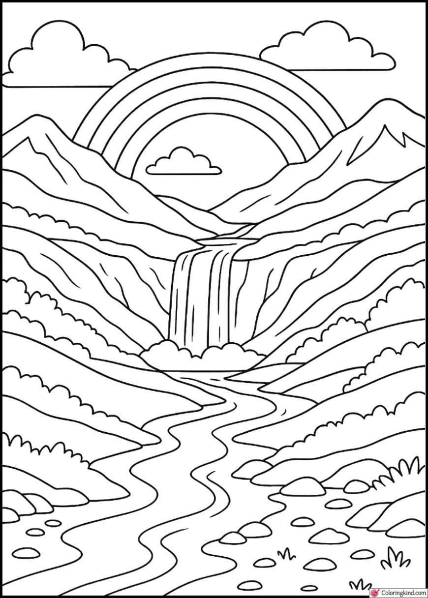 Rainbow Over Valley and Waterfall