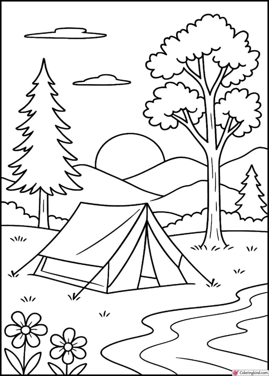 Sunset Camp Scene with Silhouetted Trees and Hills