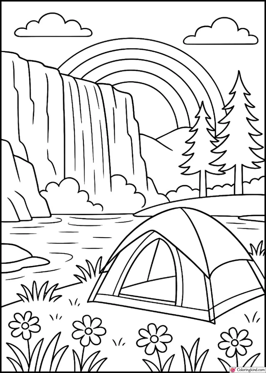 Camping Under a Waterfall Cliff and Rainbow Mist