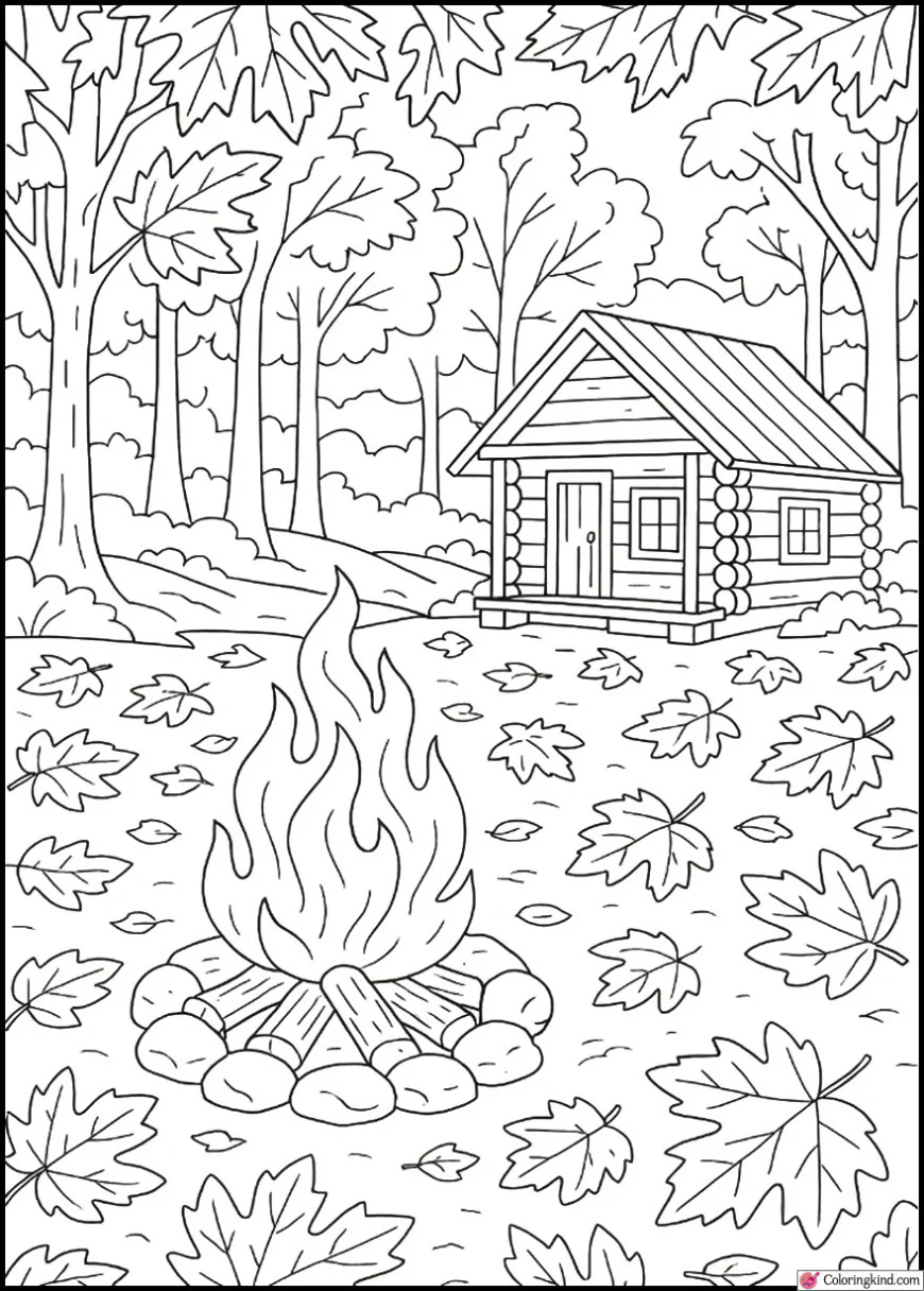Forest Cabin and Campfire in Autumn Leaves