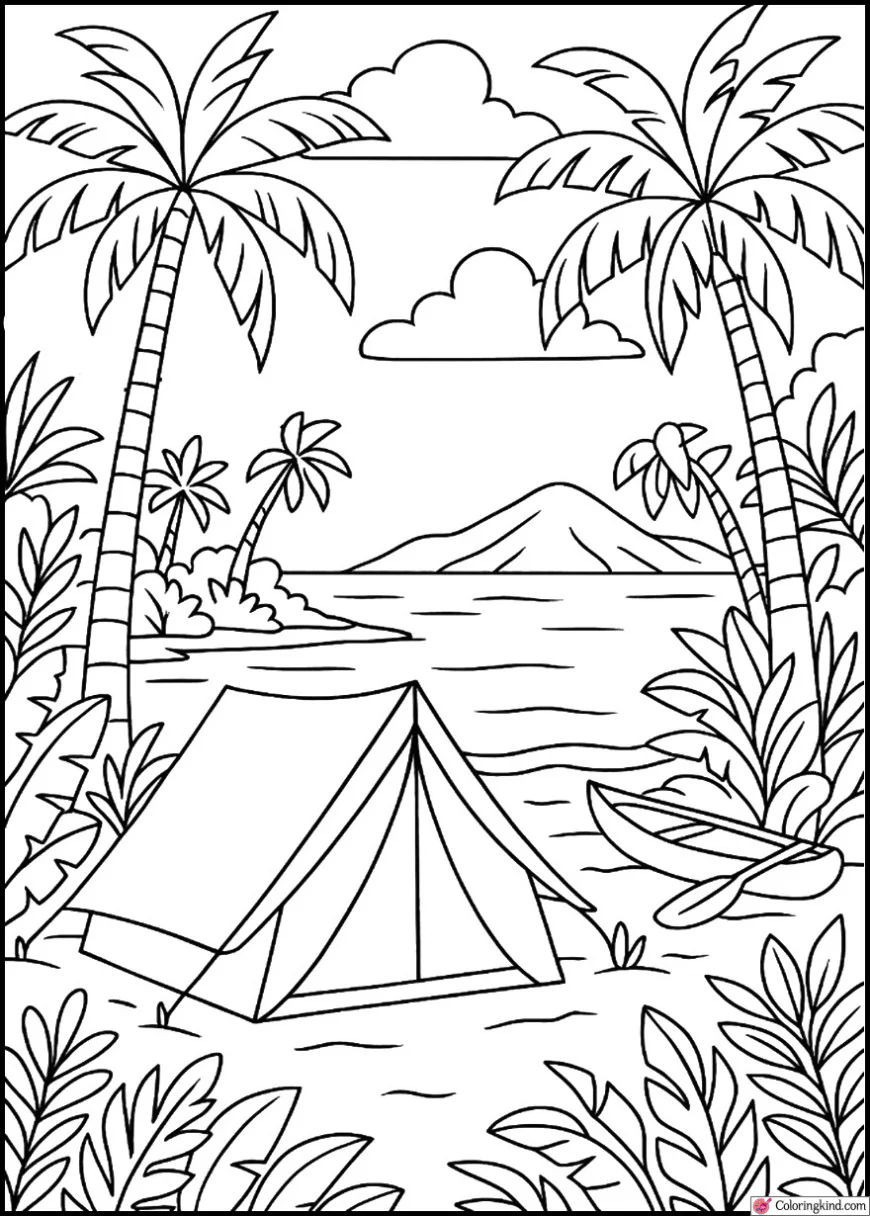 Island Camping Scene with Tropical Forest