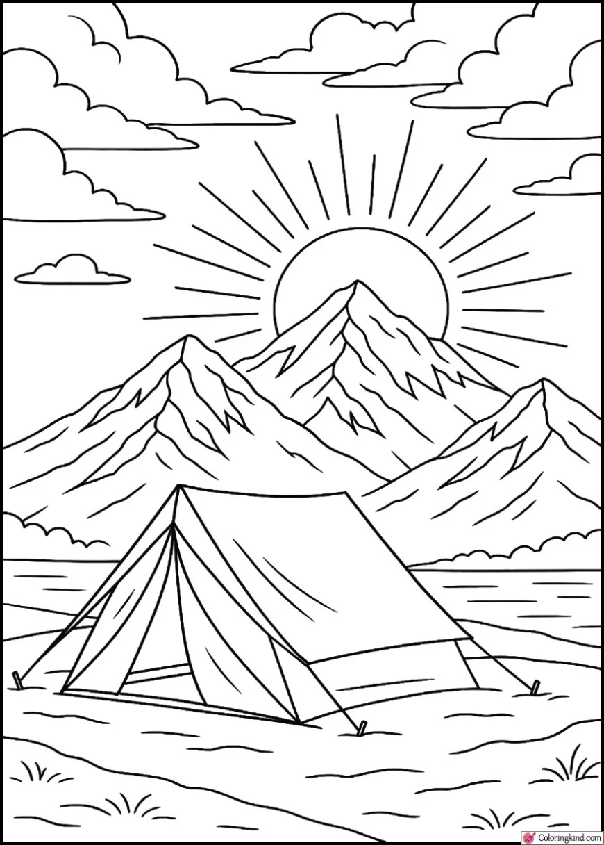 Tent Facing a Snowy Mountain Sunrise