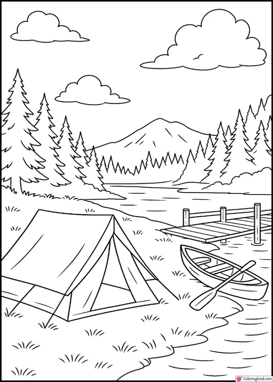 Camping Near a Wooden Dock and Canoe