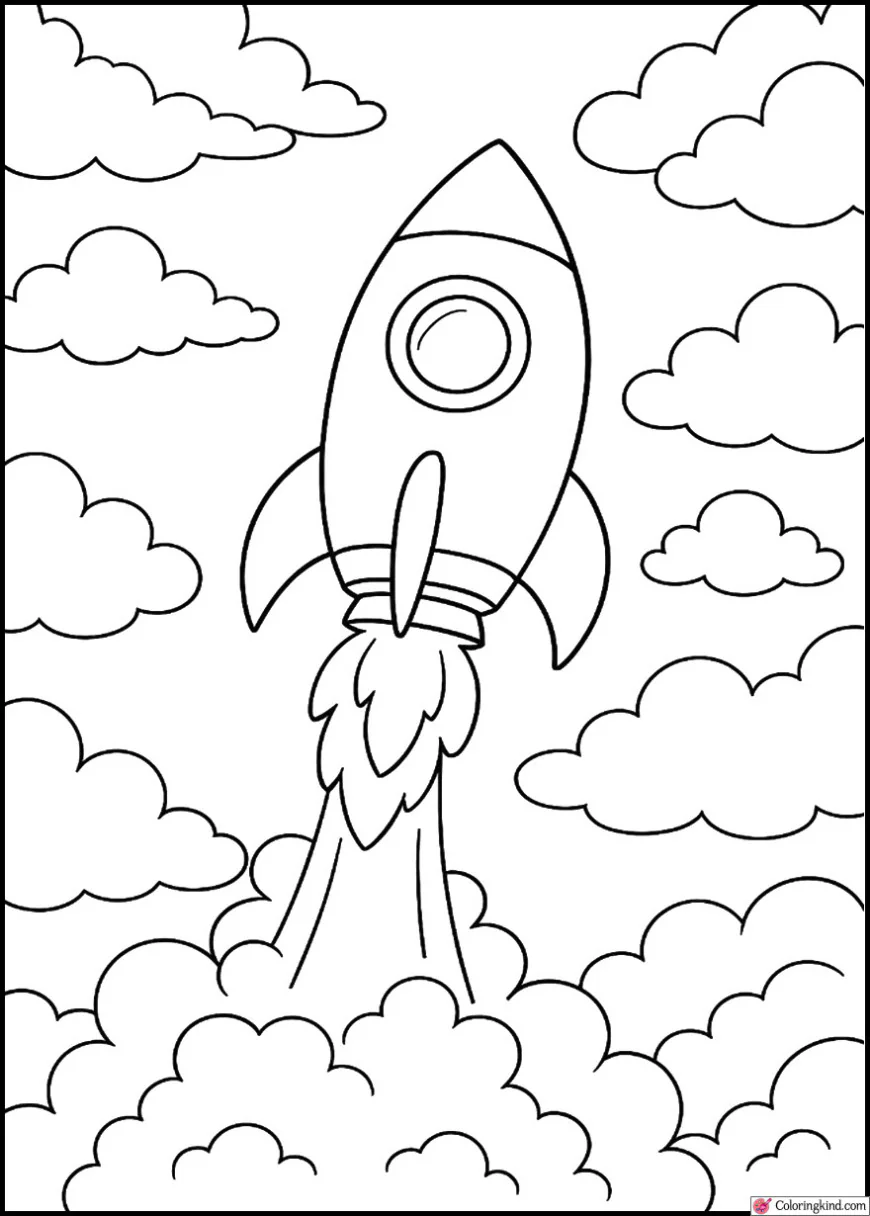 Rocket Soaring Through Puffy Cartoon Clouds