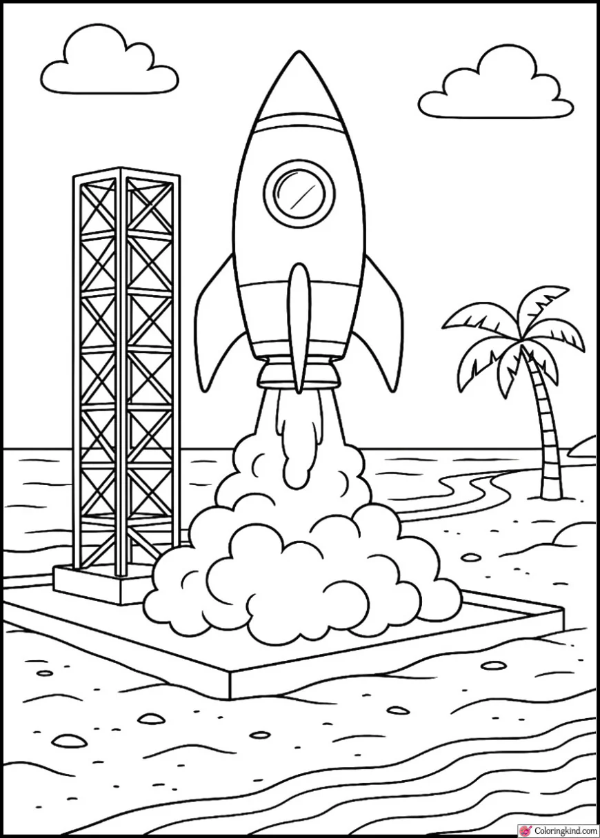 Rocket on Sandy Beach Launchpad