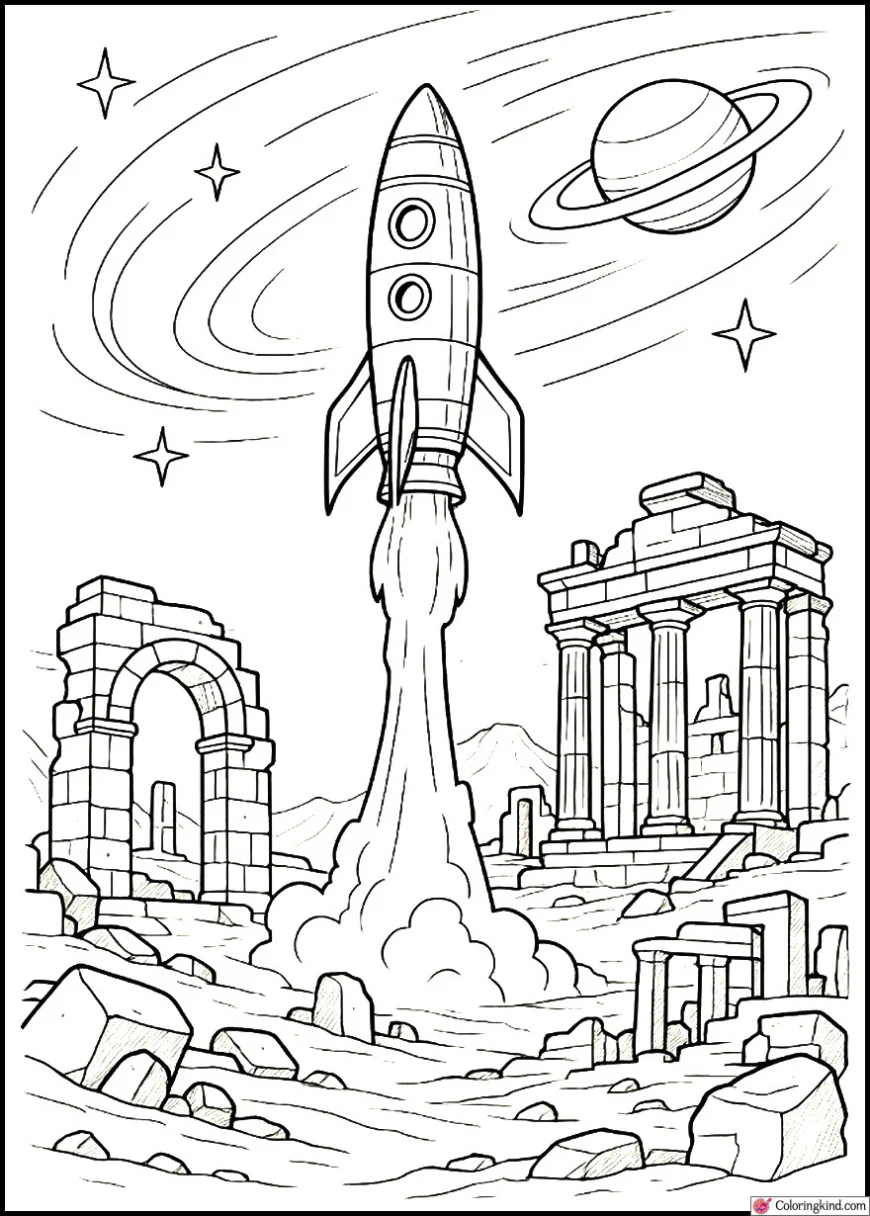 Rocket Over Ancient Ruins on Alien World