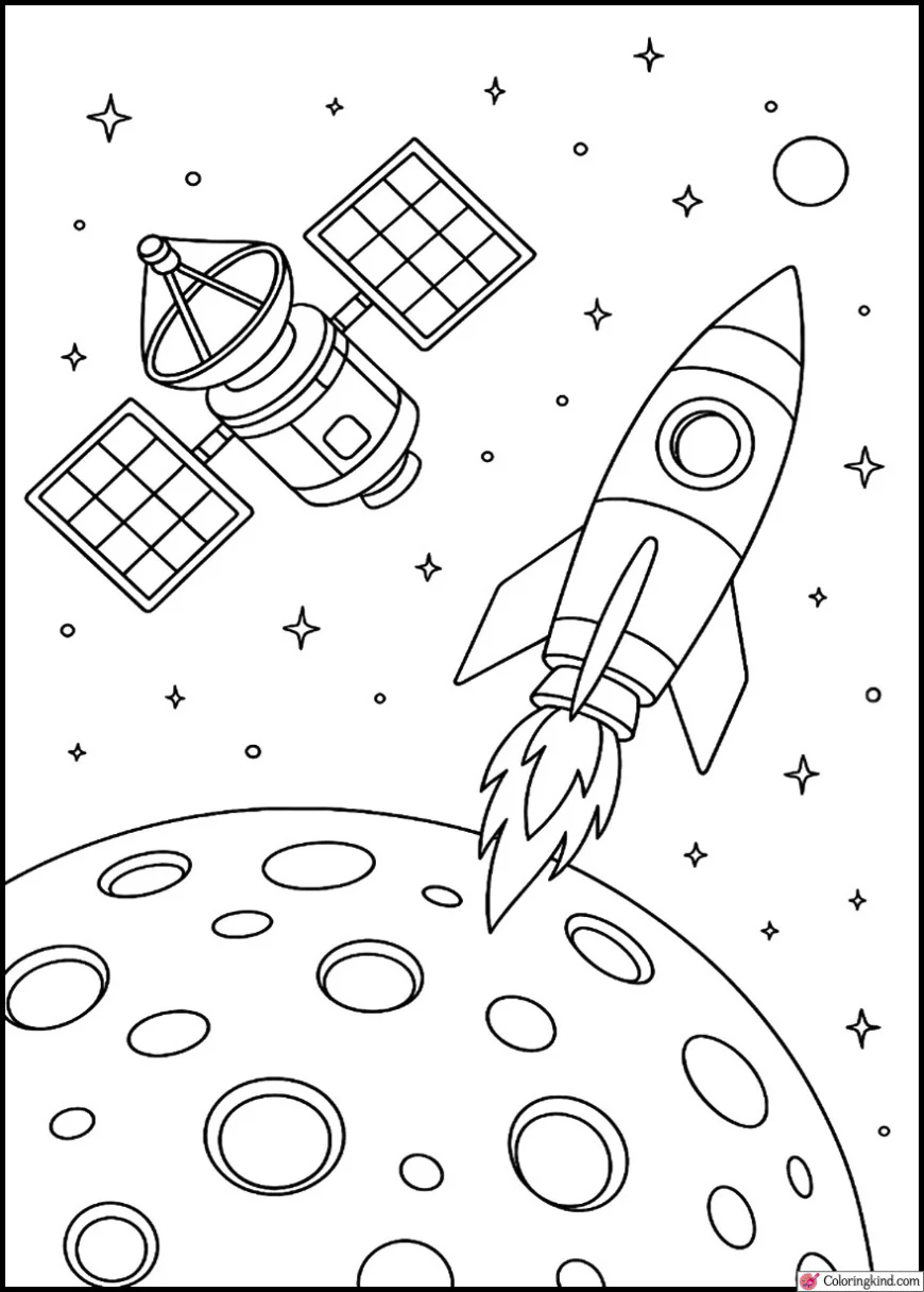 Rocket in Orbit Beside a Giant Satellite