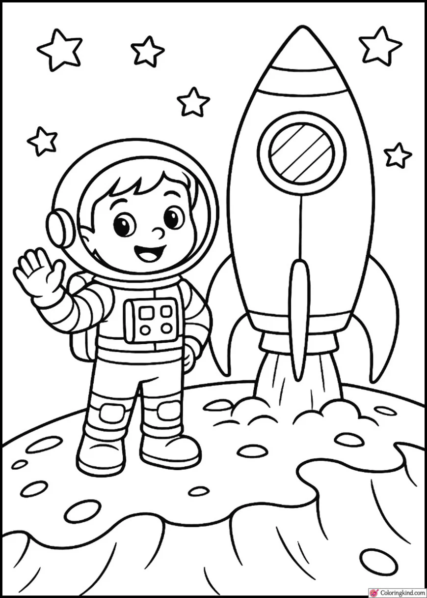 Kid Astronaut Waving Beside Rocket