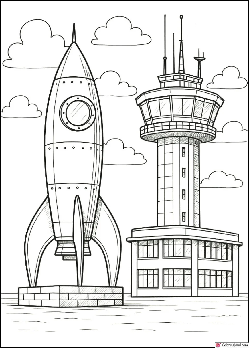 Vintage Rocket Near Retro Control Tower