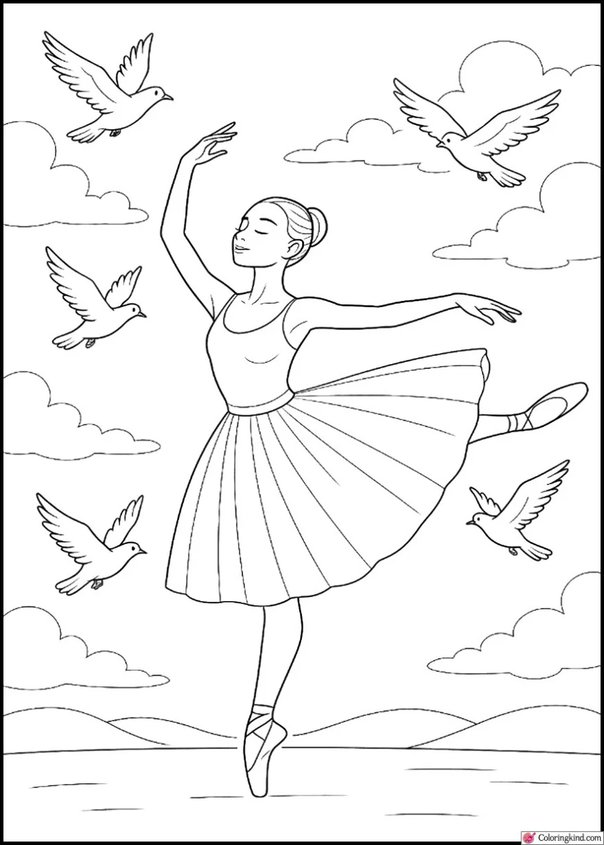 Ballerina Dancing with Birds in Morning Sky