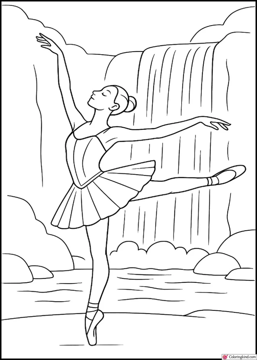 Ballerina Leaping Across Sparkling Waterfall Stage