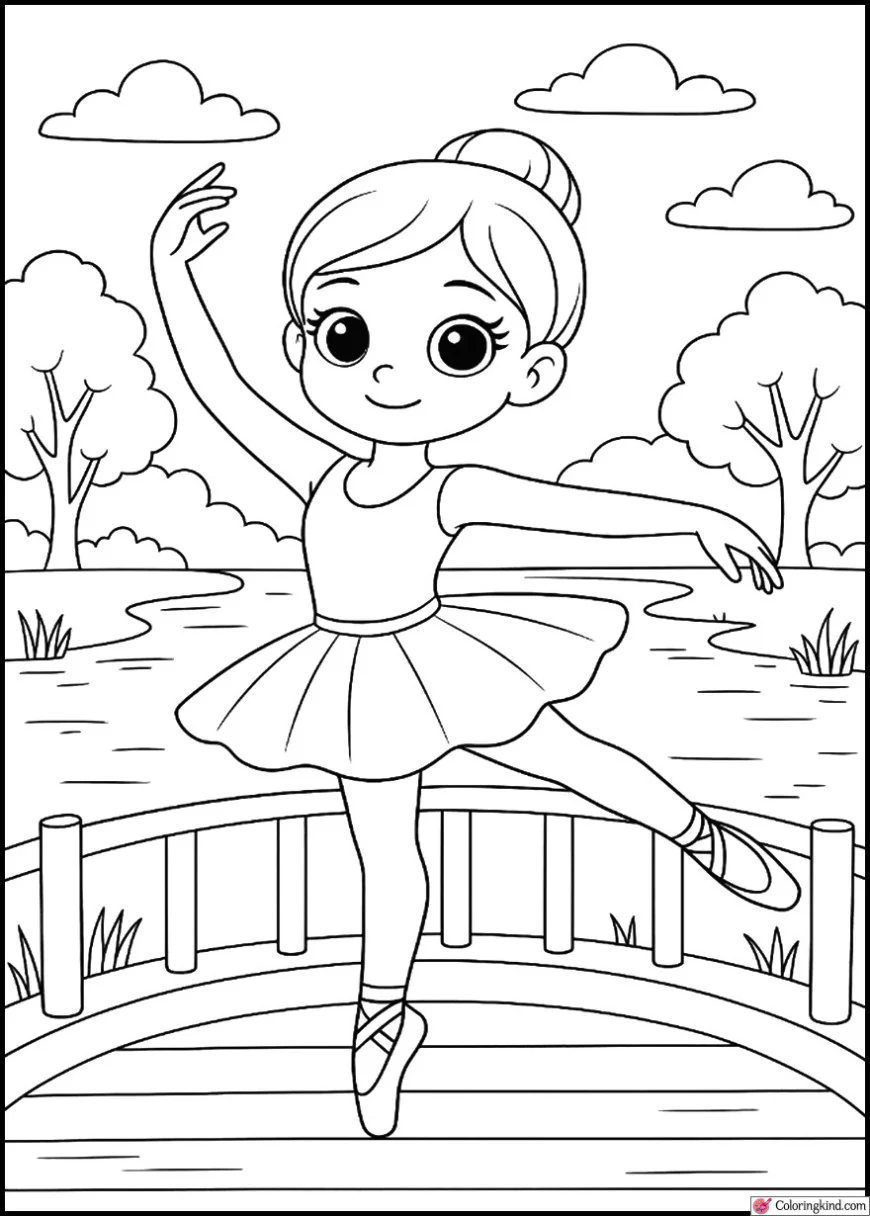 Ballerina on Wooden Bridge Over Pond