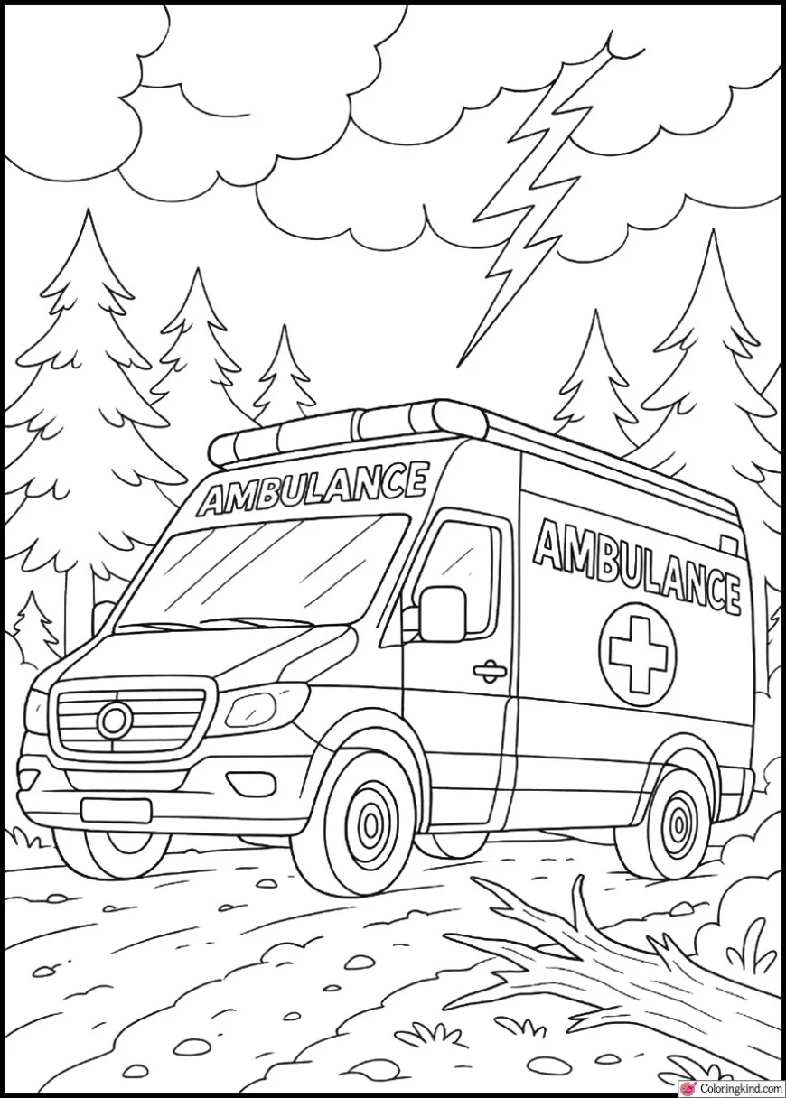 Ambulance Avoiding Lightning-Struck Forest Road