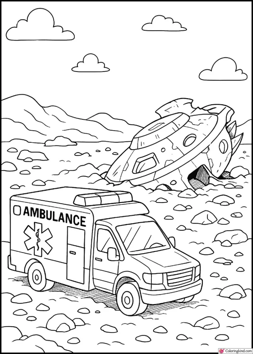 Ambulance at Crashed Spaceship Emergency Scene