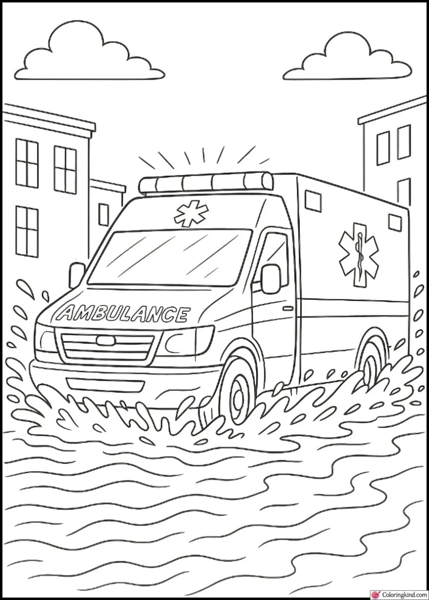 Ambulance Splashes Through Flooded Street Waves