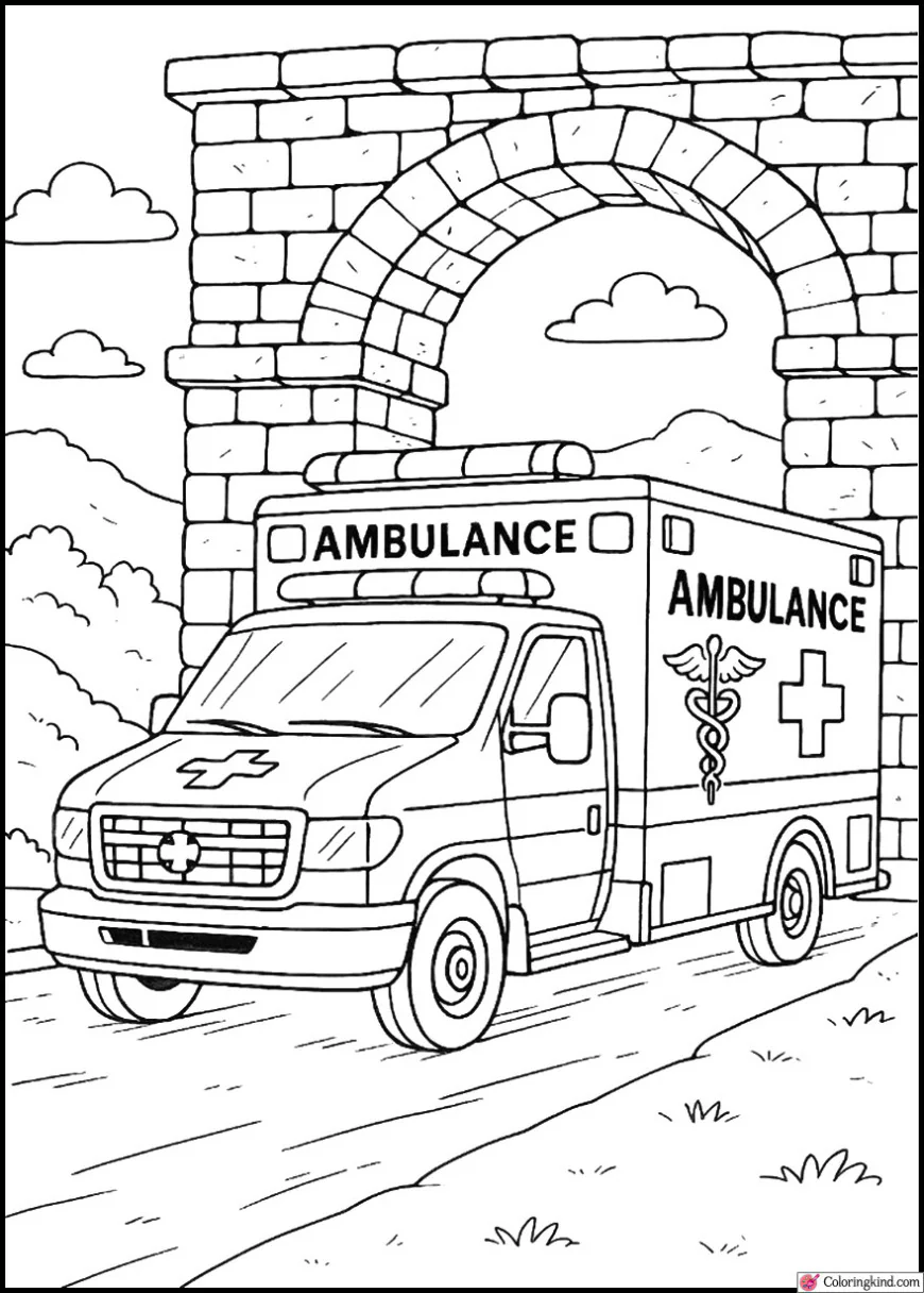 Ambulance Driving Through Ancient Stone Gate