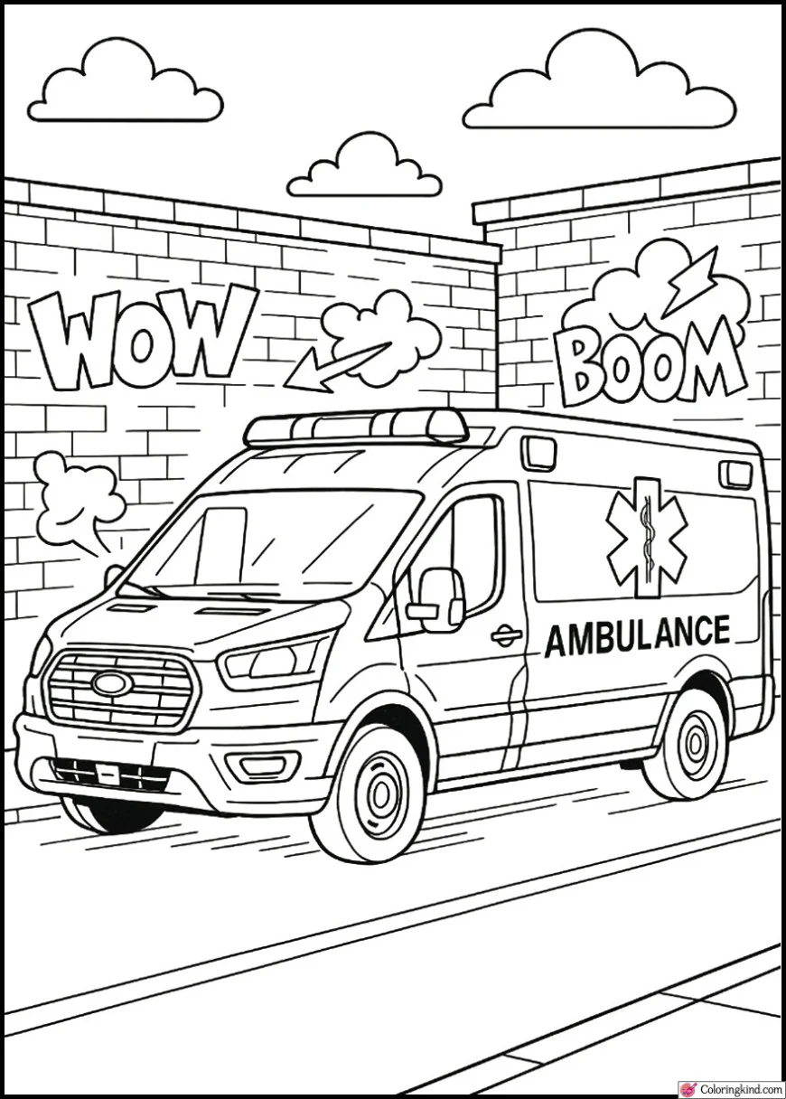 Ford Transit Ambulance Passing Graffiti-Covered City Wall