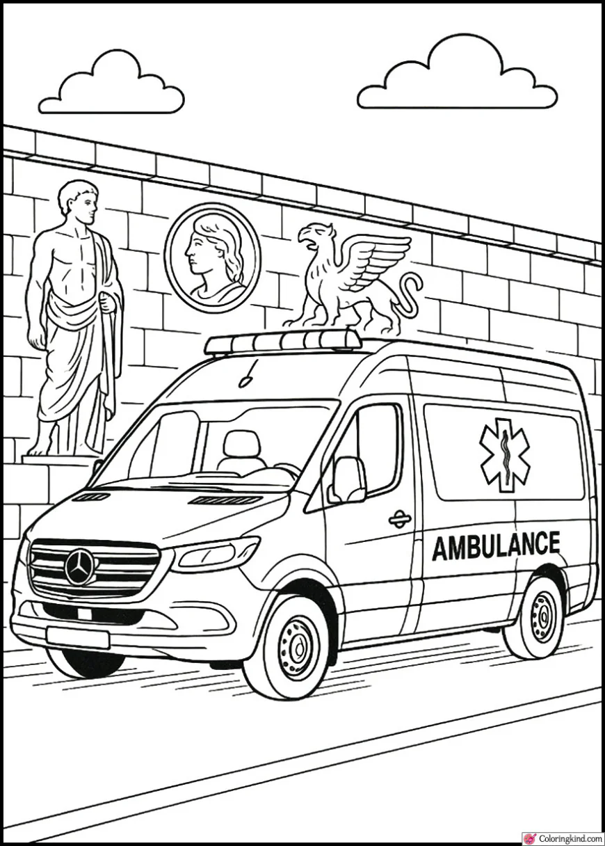 Mercedes Sprinter Ambulance Beside Ancient Stone Carving Wall
