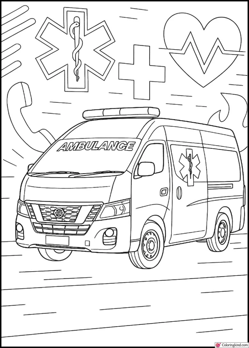 Ambulance at Wall Filled with Emergency Symbols
