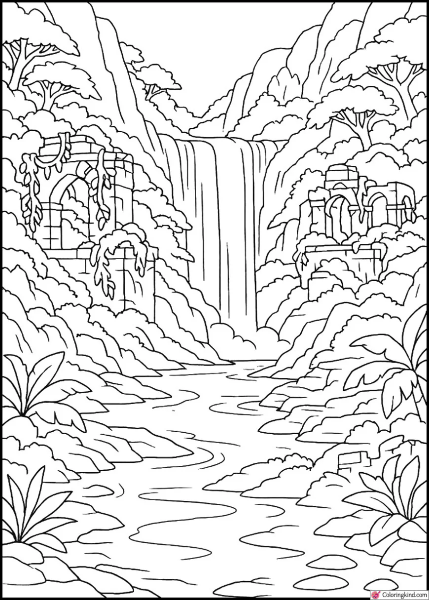 Waterfall Valley With Overgrown Jungle Ruins