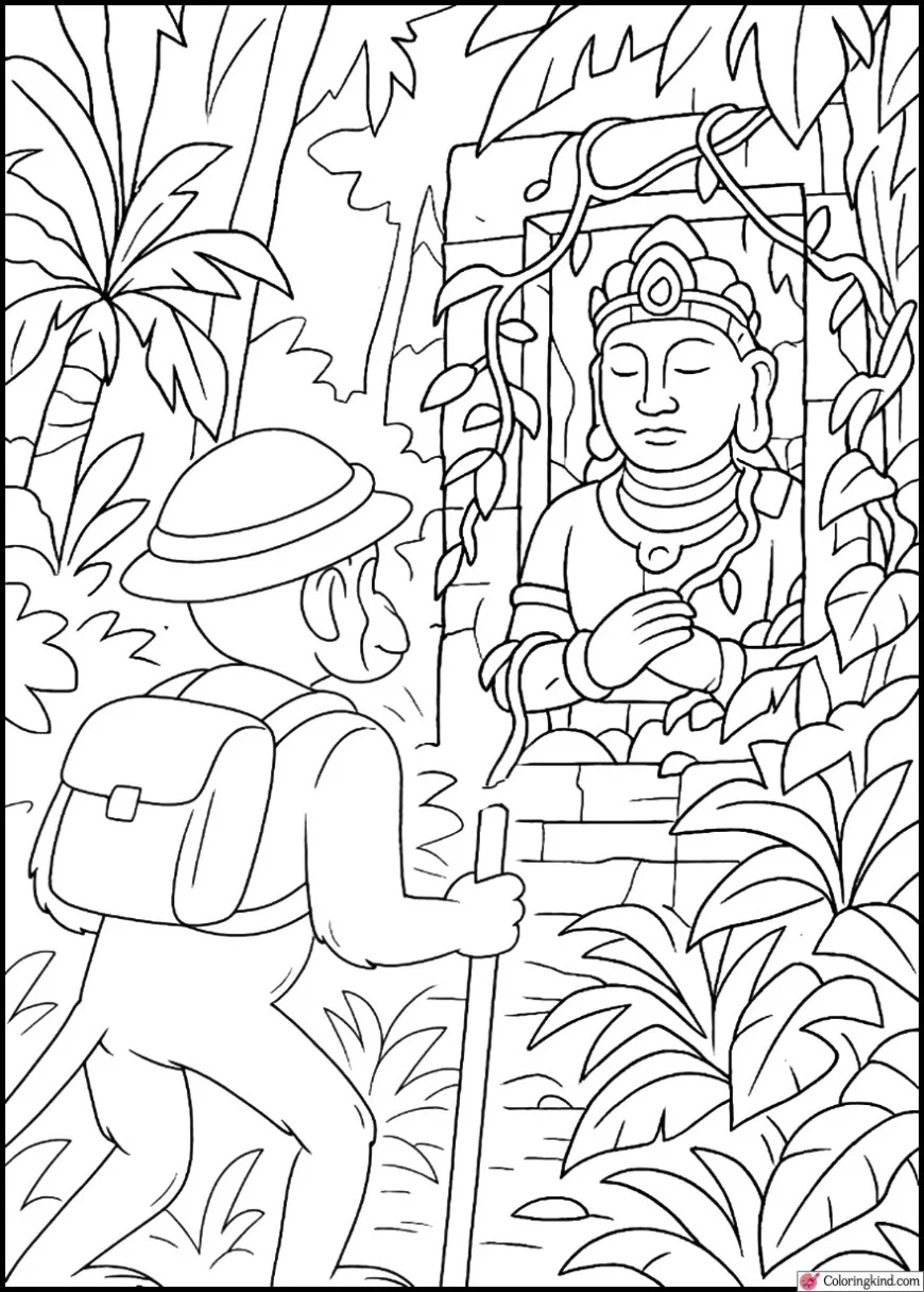 Explorer Discovering Hidden Jungle Statue