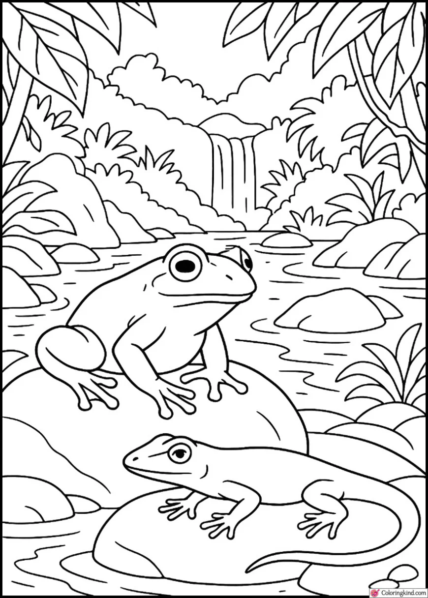 Frog and Lizard on Jungle River Stones