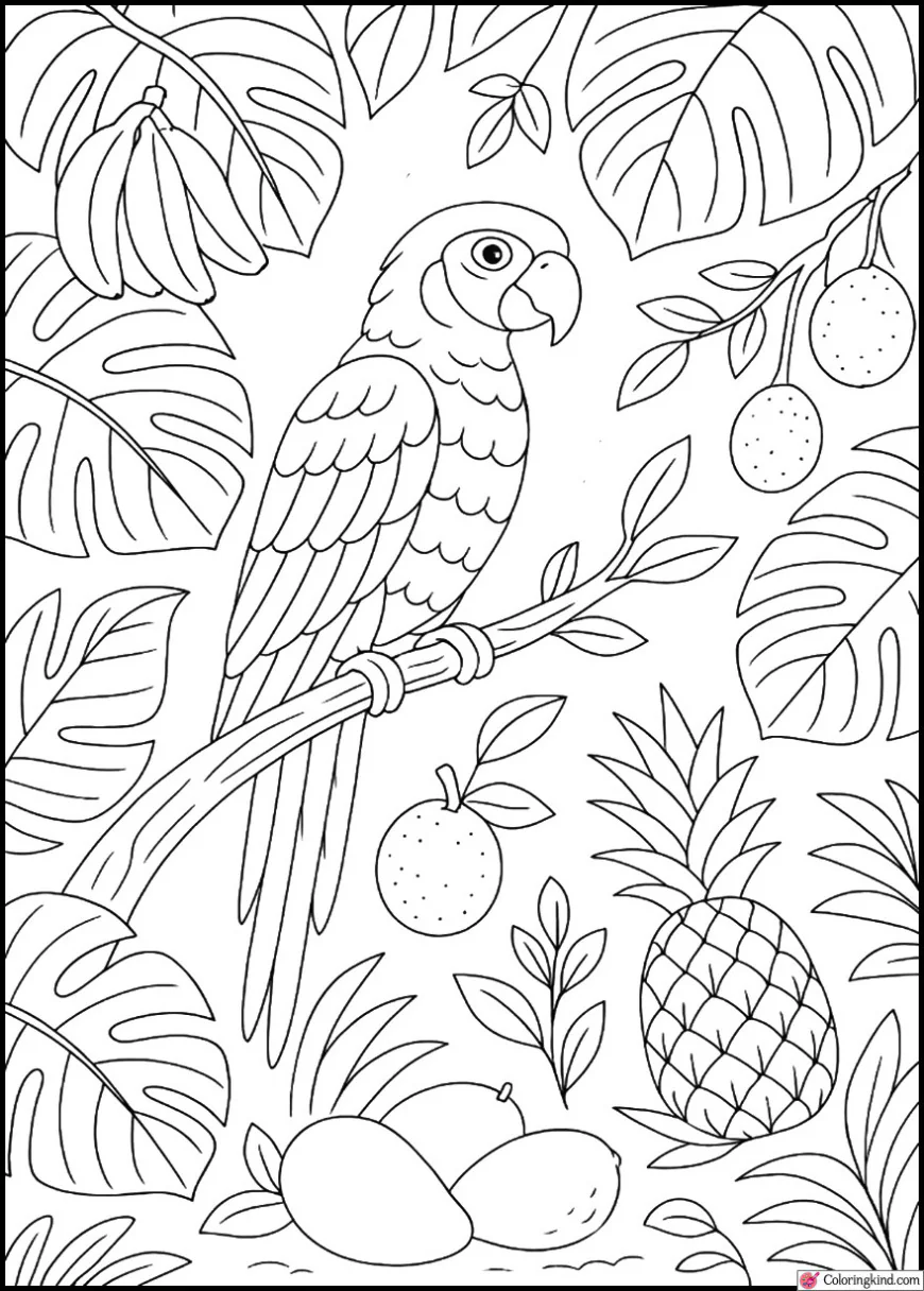 Parrot Haven With Giant Leaves and Jungle Fruits