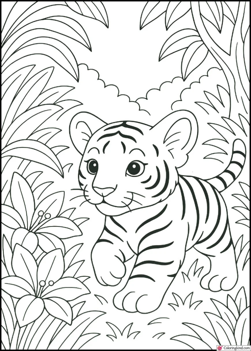 Tiger Cub Exploring Colorful Jungle Flowers