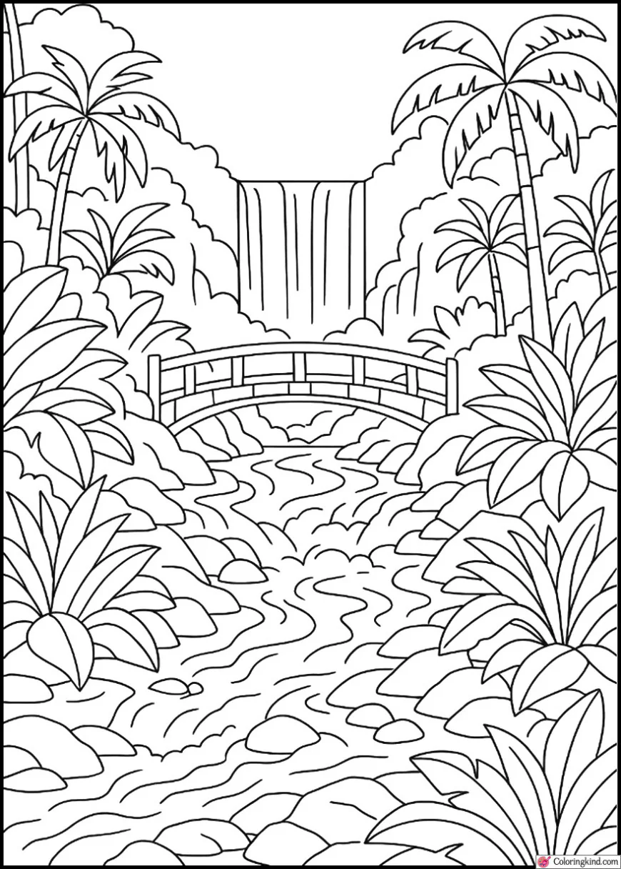 Waterfall Bridge Over Fast-Flowing Jungle Stream