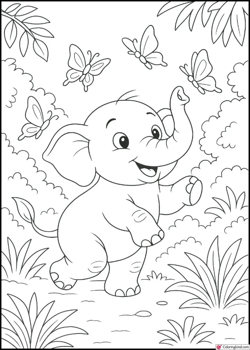Baby Elephant Playing With Jungle Butterflies