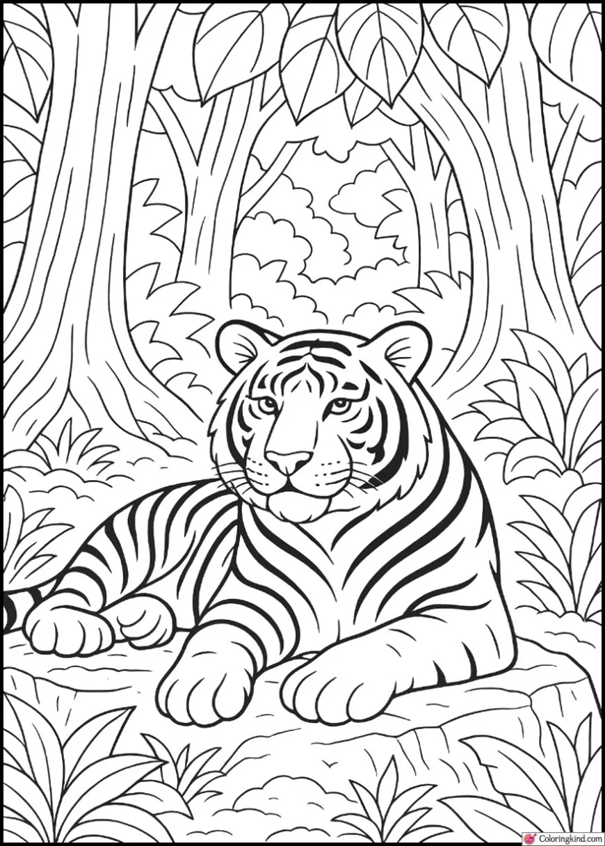 Majestic Tiger Resting Beneath Ancient Jungle Trees