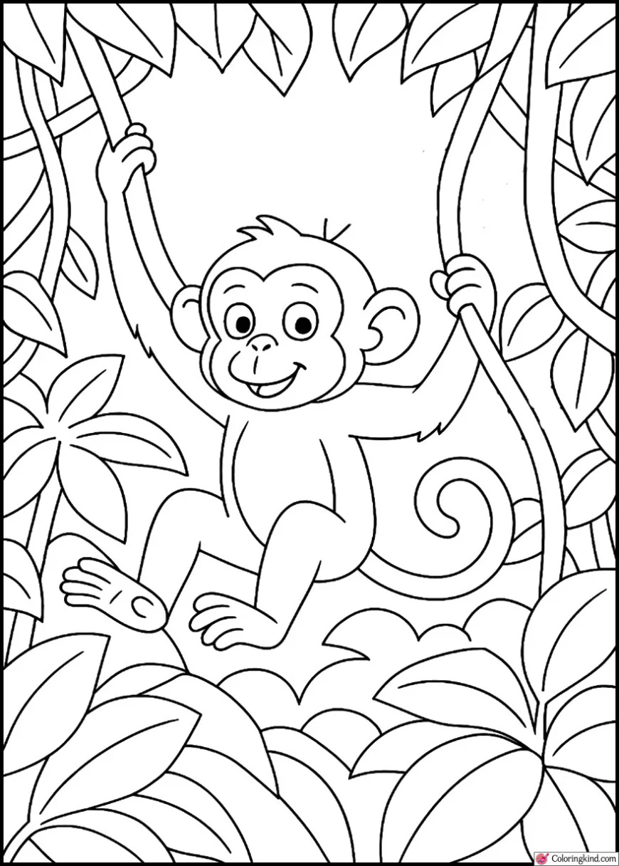 Curious Monkey Swinging Across Dense Jungle Vines