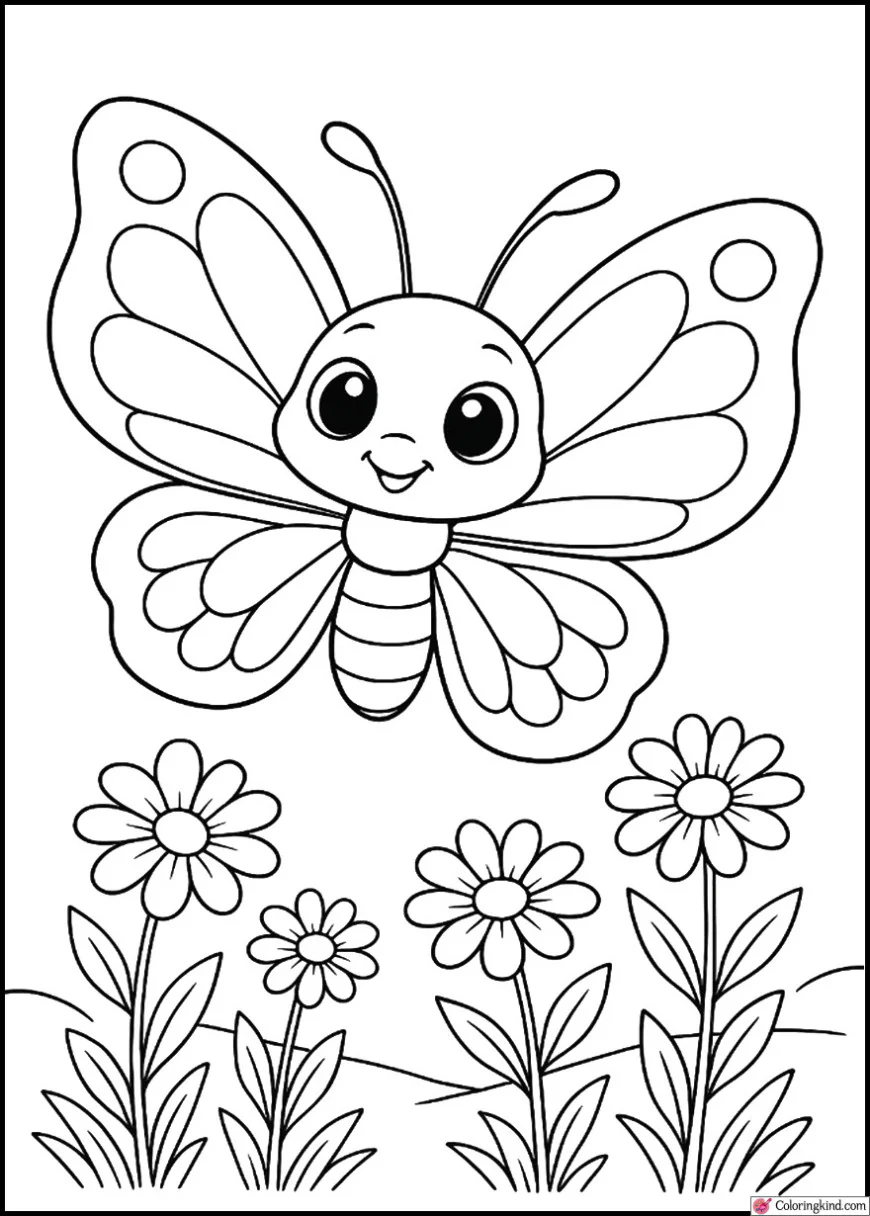 Butterfly With Open Wings Over Simple Flowers