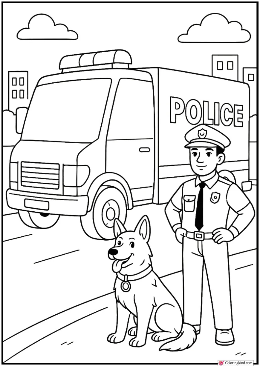 Police Truck with two officers and dog