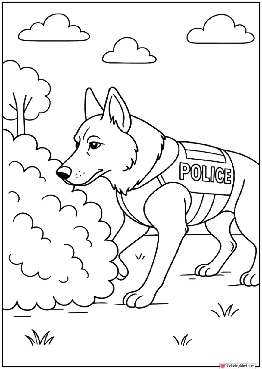 Police Dog Searching Around Bush Line