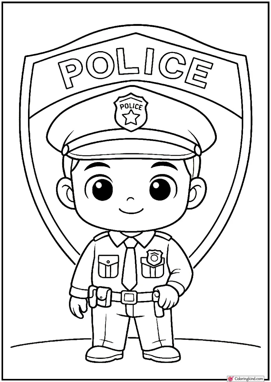 Chibi Police Cop in Front of Law Enforcement Emblem
