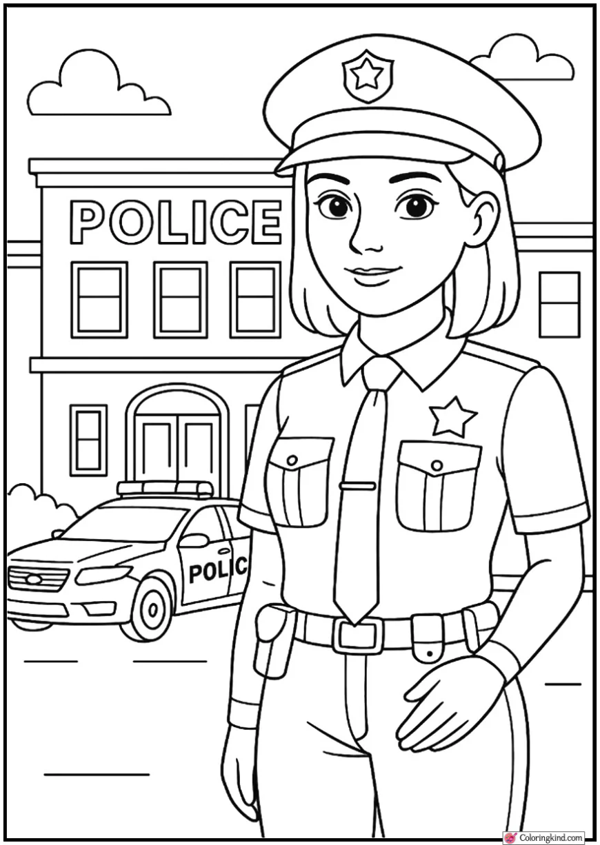 Police Woman In Front Of Police Station